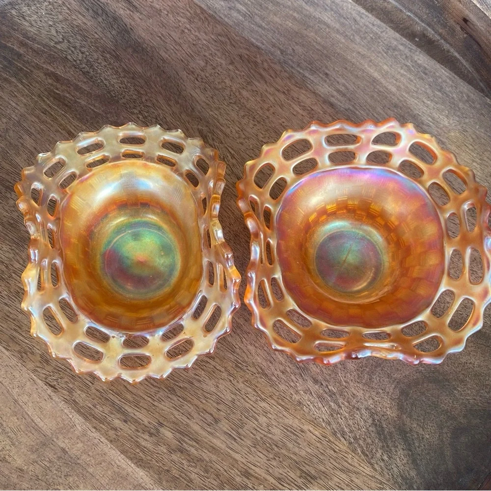 Set Of 2 Vintage Carnival Glass Basket Weave Marigold Dish with Lattice Edge - Picture 2 of 12